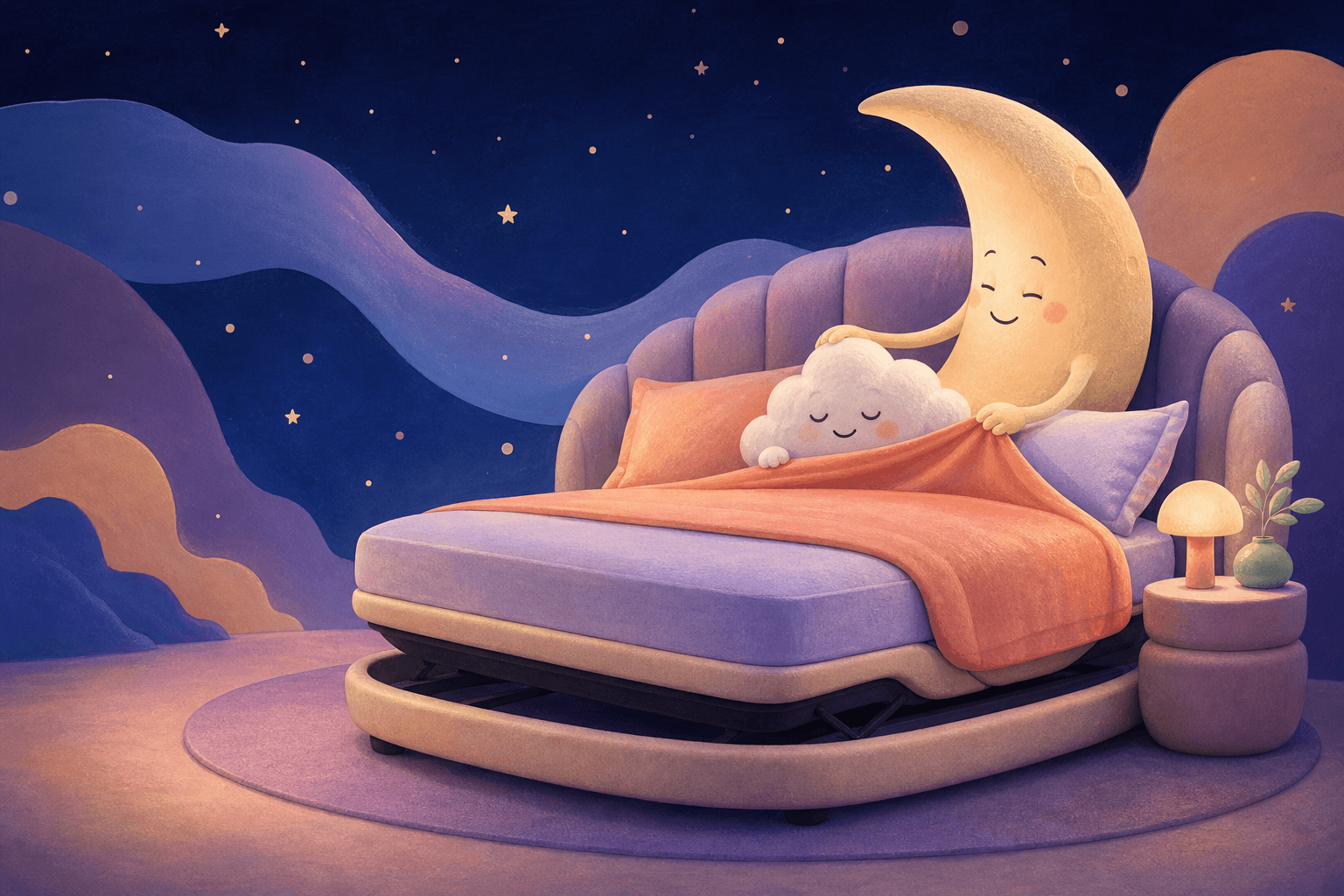 A friendly crescent moon tucking a sleepy cloud into a cozy bed